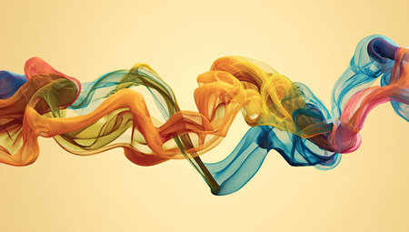 This image presents abstract ribbons in various colors, flowing gracefully against a soft yellow backdrop. The ribbons exhibit a translucent quality, and the composition uses a dynamic arrangement of curved lines. This vibrant artwork is suitable for use in design projects, advertising, or as a decorative element.の素材