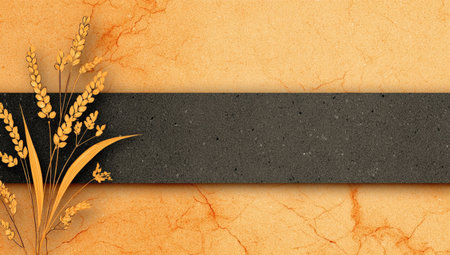 An abstract composition features stylized wheat against an orange background. The image incorporates a textured appearance, with a dark horizontal band providing contrast. The style suggests a digital illustration suitable for use in design projects or as decorative elements. The overall aesthetic is warm and inviting.の素材
