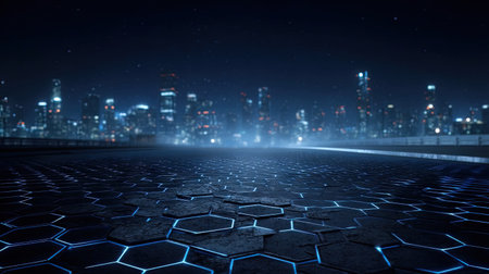 A nighttime cityscape is presented with a foreground of a textured, hexagonal pattern. The dominant colors are shades of blue and black, with bright lights illuminating a distant skyline. The overall composition suggests a technological environment, potentially suitable for digital or design projects.の素材