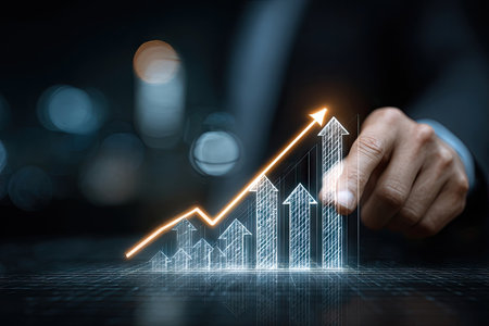 An illustration depicts a financial graph represented by rising lines and bars, with an upward-pointing arrow overlay. The image features a shallow depth of field, with soft lighting and a blurred background. The style is conceptual, suggesting growth and success, suitable for various business and financial applications.の素材