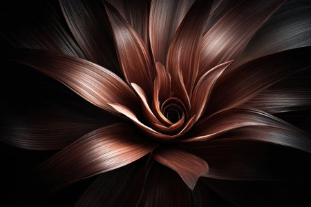 An artistic rendering presents a close-up of a stylized flower. It features long, pointed petals in varying shades of brown, with highlights creating a sense of depth and texture against a dark background. The composition suggests a studio setting, suitable for decorative purposes or various commercial applications.の素材