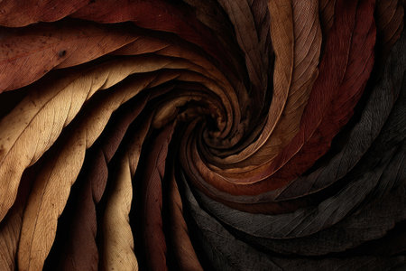 An abstract composition features a spiral arrangement of various colored leaves. The image presents a range of earthy tones, from light beige to deep brown, creating a visually dynamic pattern. The artistic style suggests a natural texture, suitable for decorative projects and various commercial applications.の素材