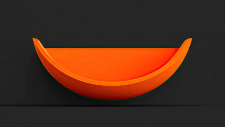An abstract graphic presents an orange semi-circular shape against a dark backdrop. The composition features a smooth, clean design, emphasizing geometric forms. The lighting highlights the curved surface, providing a sense of depth and volume. Ideal for use in design projects, presentations, and various commercial applications.の素材