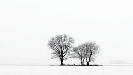 This black and white image features bare trees silhouetted against a white sky and field. The trees stand isolated, their branches starkly visible. The composition is minimalistic, with a focus on form and texture. It might be suitable for artistic prints, editorial content, or design projects, offering a sense of calm and space.の素材