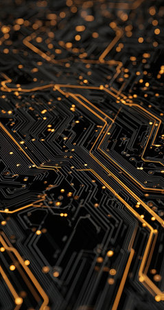 This image features a detailed view of a circuit board. The dark background is contrasted by bright orange lines and numerous small illuminated points, suggesting data flow. The composition creates an engaging visual suitable for diverse applications, including technological illustrations and design projects. The lighting is focused and emphasizes intricate patterns.の素材