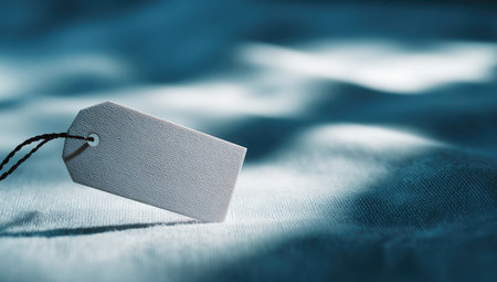 A close-up image presents a blank white price tag attached to a textured fabric. The composition features soft lighting that casts shadows creating depth. The tag is the primary subject, with a dark string. This image could be used for product presentations, marketing materials, or visual concepts.の素材
