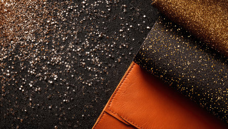 An overhead shot reveals an abstract composition of shimmering glitter and textured surfaces. Varying shades of brown and black create a contrast, and the orange leather element adds a pop of color. Suitable for commercial or artistic applications this image is ideal for use as a background or design element.の素材