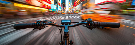 An action shot depicts a bicycle's handlebars and forward view as it moves swiftly. The image utilizes motion blur to convey speed, with a blurred cityscape and buildings creating a sense of movement. The color palette includes bright lights, a textured road surface, and potential use for travel or lifestyle content.の素材
