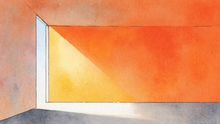 This watercolor illustration depicts an interior space defined by geometric forms and warm colors. The scene features an orange wall illuminated by a beam of sunlight streaming through an opening. The composition emphasizes simplicity and abstract shapes, suitable for various design applications and commercial uses, offering a sense of openness and artistic expression.の素材