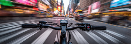 A close-up view presents bicycle handlebars, suggesting forward motion through a city environment. The image uses a dynamic blur effect to convey speed. Bright, colorful lights from buildings and signage fill the frame, possibly suitable for commercial and editorial uses related to travel and urban lifestyle.の素材