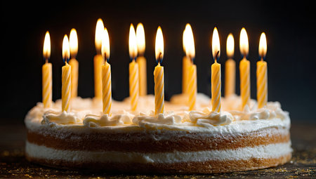 A frosted birthday cake, adorned with lit candles, is presented against a dark background. The scene showcases a close-up, highlighting the cake's textures and the warm glow of the flames. This image could be used for various celebratory occasions or for commercial projects related to events and joy.の素材