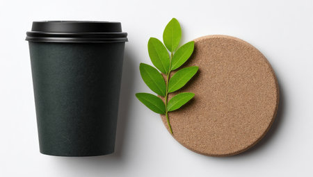 A dark coffee cup sits beside a round coaster with green leaves on a plain white backdrop. The composition is clean, with contrasting colors. This suggests a minimalistic design. Suitable for product presentations or editorial content related to beverages and natural elements, with ample copy space.の素材