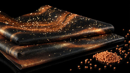 Two layered abstract shapes with glittering orange and gold particles are displayed against a dark backdrop. The composition features a textured, close-up perspective, with a focus on color gradients and light. Suitable for use in design, creative projects, or other conceptual visual presentations. This image has commercial applications.の素材