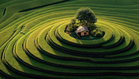 An overhead shot reveals a series of layered fields of green, resembling a spiral. At the center, a small house rests beside a tree. The photograph uses natural lighting and color, creating a scene that could be used for agricultural, environmental, or travel purposes.の素材