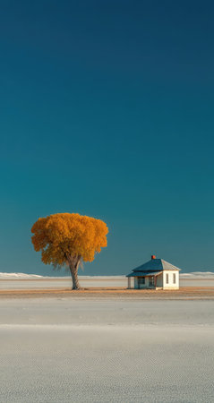 An autumn landscape is presented with a solitary tree boasting vibrant yellow foliage next to a simple white house under a deep blue sky. The composition emphasizes open space, with subtle textures suggesting a field or plain. The image may be suitable for illustrating concepts of solitude, nature, or seasonal changes. It is ideal for various commercial applications.の素材