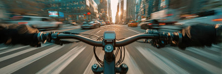 A first-person perspective captures a bicycle ride through a bustling city street. The shot features motion blur, emphasizing speed and movement. Buildings line the road, bathed in sunlight. This image could be used for themes related to urban lifestyle, transportation, or active living in various commercial contexts.の素材
