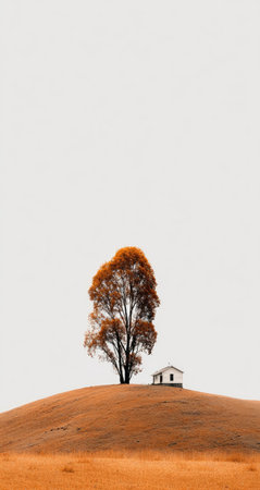 An image showcases a tree with autumnal foliage standing next to a small structure on a grassy mound. The composition features a symmetrical arrangement, and the palette is dominated by warm earth tones and a neutral sky. It's suitable for various applications, including editorial projects and design purposes.の素材