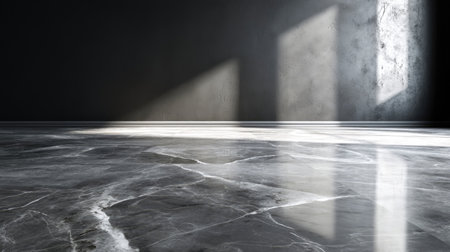 An interior scene features a marble floor reflecting natural sunlight from a window. The composition emphasizes shadows and light with a simple aesthetic. This image is suitable for commercial uses such as background design or artistic conceptual projects.の素材