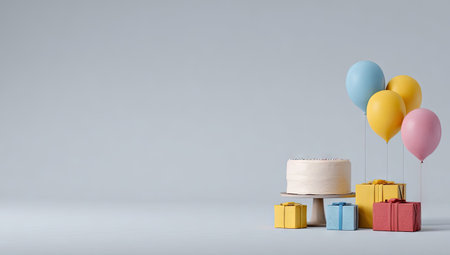A birthday cake sits beside colorful gift boxes and balloons against a pale gray backdrop. The composition features a clean, minimalistic aesthetic with soft lighting and a focus on simplicity. This visual could be used for festive announcements, advertising, or celebratory designs and content.の素材