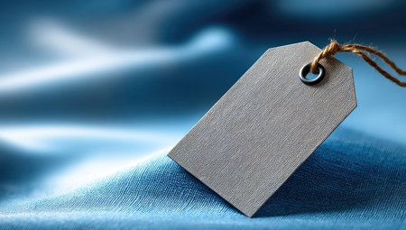 A close-up image presents a gray blank price tag suspended against a backdrop of soft, rippled blue fabric. The tag is secured by a thin, knotted twine. The lighting is gentle, creating subtle shadows and highlights on the textured fabric. This composition could be used for advertising or presentation purposes.の素材
