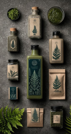 An overhead shot showcases a collection of bottled beverages and food items, arranged on a textured surface. The items include containers, packages, and jars filled with green liquids and solids. The composition exhibits a modern style with neutral tones and a focus on natural elements. The image is suitable for promotional or editorial purposes.の素材