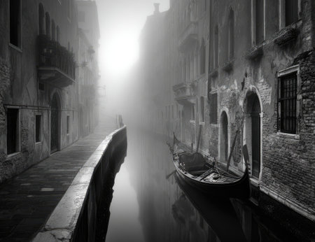 A grayscale photograph captures a canal scene defined by buildings and a gondola. The composition presents a moody, foggy atmosphere with soft light and blurred details. The image features architectural elements, reflecting in the water, and possibly used for travel, editorial, or artistic purposes.の素材
