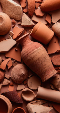 An overhead shot reveals shattered terracotta pottery fragments scattered across a surface. The scene features a collection of broken vessels and shards in various shapes. The warm, earthy tones and textures create a visually engaging display. Suitable for artistic concepts, design elements, and backgrounds.の素材