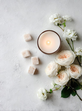 An overhead shot reveals a candle, flowers, and sugar cubes against a white backdrop. The soft lighting illuminates the scene, highlighting the textures of the blooms and the smooth surface. This image might be suitable for lifestyle blogs, home decor projects, or wellness-related content, offering visual appeal.の素材