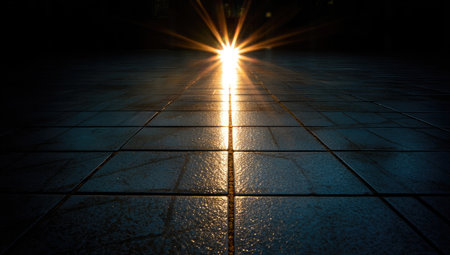 An overhead view reveals a stark contrast between a bright light source and a dark tiled floor. The strong light emits a radiant glow against a background of shadow. This composition can be used for conceptual projects, editorial illustrations, or design templates to convey various ideas.の素材