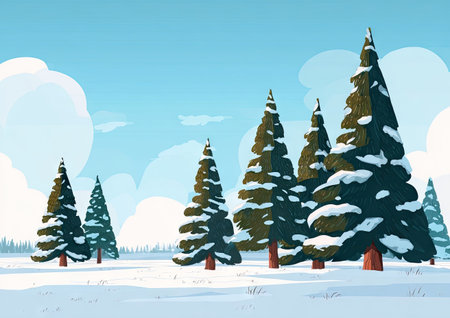 This vibrant illustration depicts a winter landscape featuring numerous evergreen trees covered in snow. The style is cartoonish, with bold outlines and a limited color palette including blues, greens, and whites. The composition shows a snowy environment under a bright blue sky. This image can be suitable for various commercial and editorial applications.の素材