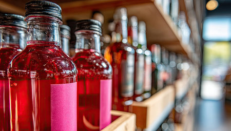 Rows of glass bottles filled with red liquid are displayed on wooden shelves. The scene features a close-up focus on a few bottles, highlighting their labels and the vibrant color of the contents. The image suggests a store interior, possibly for commercial use related to beverages.の素材