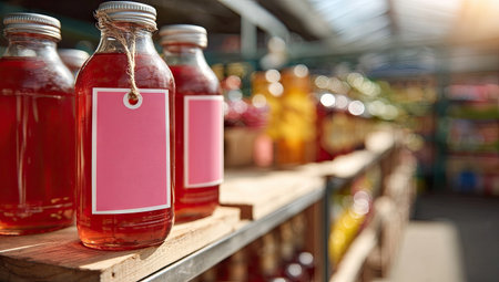 Three bottles of red liquid with blank pink labels are placed on a wooden shelf. The image features a shallow depth of field, highlighting the bottles in sharp focus. The scene is illuminated by natural light, giving it a bright and inviting feel. This image is suitable for various commercial uses.の素材