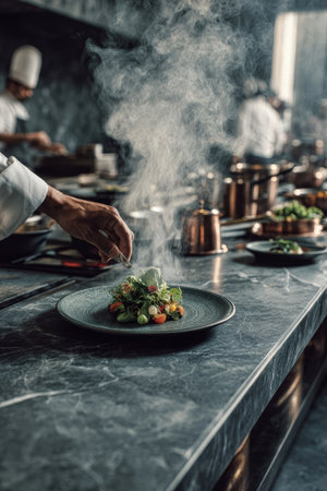 A chef prepares a plate of food in a professional kitchen setting. Steam rises from the dish, contrasting with the cool tones of the marble counter and stainless steel equipment. The composition uses overhead lighting. Suitable for culinary, restaurant, or editorial contexts.の素材