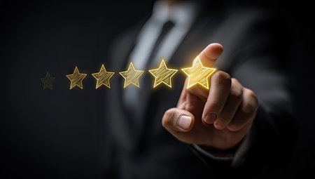 A close-up view shows a hand reaching out to touch a glowing star in a rating system. The image features a dark background, highlighting the golden stars. It may be used to illustrate concepts related to customer satisfaction, quality assessment, or service excellence. Suitable for a wide variety of commercial and editorial uses.の素材