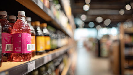 Bottles of beverages are arranged on shelves, showcasing a variety of colors and packaging. The composition uses selective focus, blurring the background to emphasize the products. Warm lighting creates a soft atmosphere, suggesting an indoor setting. This image could be used in advertising, retail, or editorial contexts.の素材