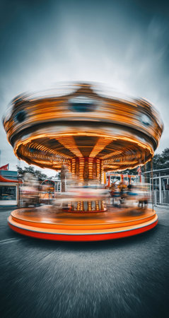 An amusement park carousel is captured in motion, creating a blurred effect. The image showcases the carousel's design with warm tones, set against a backdrop of a cloudy sky. This composition could be used for various commercial or editorial purposes, conveying movement and entertainment.の素材