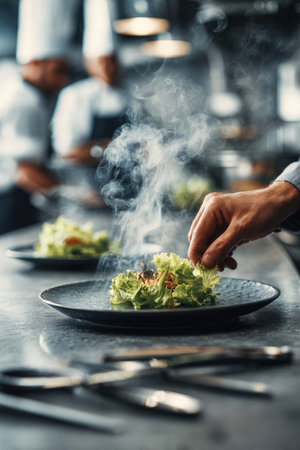 A chef carefully places the final touches on a plated salad, creating an appealing dish. The image highlights the food's freshness, with vibrant greens and visible steam. The composition emphasizes the culinary process within a kitchen environment, suggesting restaurant or food industry applications.の素材