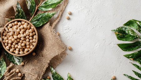 A top-down composition displays a bowl of chickpeas nestled on burlap with scattered green leaves. The scene features a neutral, textured surface, possibly a tabletop, with warm lighting. This image could be used for food-related projects, healthy lifestyle promotions, or editorial content.の素材