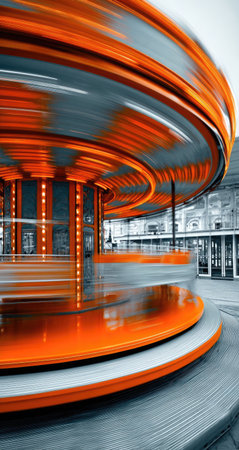 A carousel spins, exhibiting motion blur and vibrant orange lighting against a backdrop of muted buildings. The composition showcases geometric forms and contrasting colors. The image suggests a festive atmosphere. This could be useful for editorial content or commercial projects.の素材