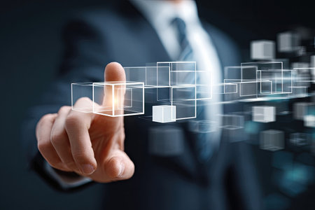 A business professional's finger interacts with a translucent, geometric interface. The image displays a modern business setting, with focus on technology and data visualization. The lighting suggests an indoor environment. This image could be used in various commercial applications involving business, technology, and data.の素材