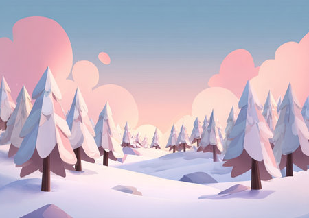 A whimsical illustration presents a snow-covered landscape with stylized pine trees. The scene is bathed in the soft hues of a sunset, featuring pastel pink clouds against a gradient sky. The style is clean and graphic. Suitable for various design projects, it could enhance editorial and commercial content.の素材