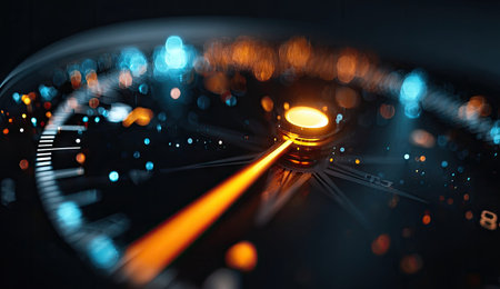 A close-up shot focuses on a speedometer, showcasing its dial and needle. The image features a dark background, with the needle pointing towards a central point. The visual elements include bokeh effects and warm color tones. This image can be used for various commercial or editorial applications.の素材