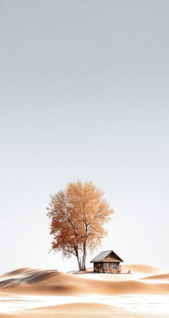 An isolated cabin and tree stand against a pale, open sky. Warm tones of orange and brown define the tree's foliage and the cabin's structure, set on a sandy ground. The minimalist composition, soft lighting, and use of copy space suggest various uses, ranging from artistic projects to design applications.の素材