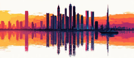 A vibrant cityscape is shown silhouetted against a colorful sunset. The buildings reflect perfectly in the water below, creating a mirrored image. The scene is dominated by shades of orange, purple, and blue. This image could be used for various commercial or editorial projects.の素材