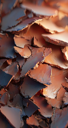 This close-up showcases a collection of irregularly shaped terracotta pieces. The image reveals a range of warm brown and orange hues, with contrasting darker shadows. The textures appear rough and fragmented, suggesting a natural or weathered environment. This image could be used for various purposes, including editorial content or design projects.の素材