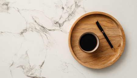 An overhead view displays a cup of coffee on a wooden tray alongside a pen. The scene features the tray and cup on a marble surface. Colors include browns and whites. The composition may be suitable for advertising, website design, or other commercial purposes.の素材
