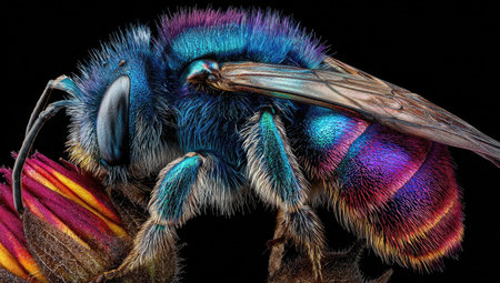 This macro image showcases a detailed view of a bee exhibiting vibrant colors. The bee's body displays iridescent hues of blue, purple, and green. The wings appear translucent, set against a dark background. This image could be utilized for educational materials, scientific publications, or as illustrative content.の素材