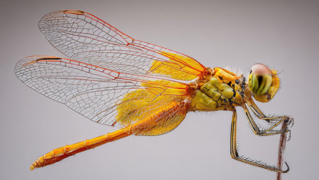 The image features a detailed close-up of a dragonfly, showcasing its bright yellow and orange body. The dragonfly displays transparent wings with delicate veins, set against a soft, plain background. This macro shot highlights the insect's texture and form, suitable for scientific, educational, or illustrative purposes.の素材