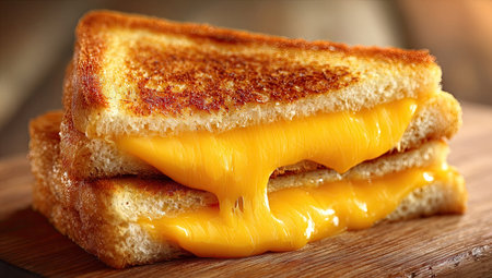 A close-up shot displays a grilled cheese sandwich, featuring golden-brown, toasted bread and melted, dripping cheese. The image showcases textural contrast between the bread's surface and the gooey cheese. Warm lighting suggests an inviting, indoor environment. It's suitable for culinary, food-related, or lifestyle content.の素材