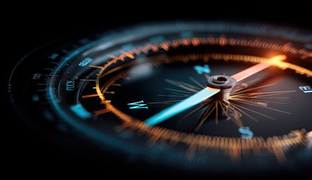 This image features a close-up of a compass with a blurred background. The compass has a dark face with glowing orange and blue accents on the needle and markings. The composition utilizes shallow depth of field, creating a sense of focus. Suitable for illustrations in areas such as navigation or guidance.の素材